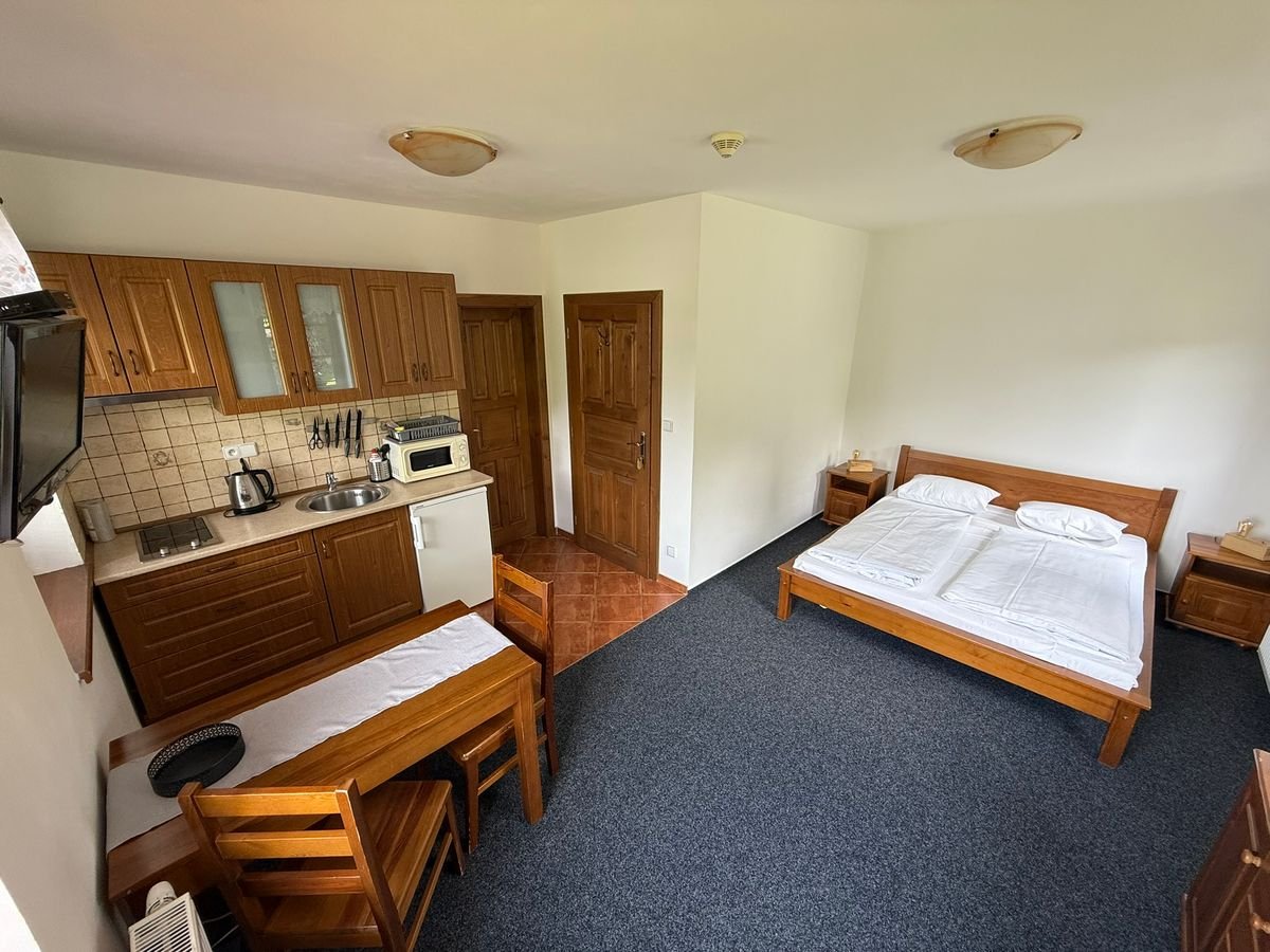 Apartmán č. 1 — bezbariérový interiér s kuchyňkou a dvojlůžkem