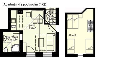 Půdorys Apartmánu 4 s podkrovím pro 4+2 osoby — rozmístění místností